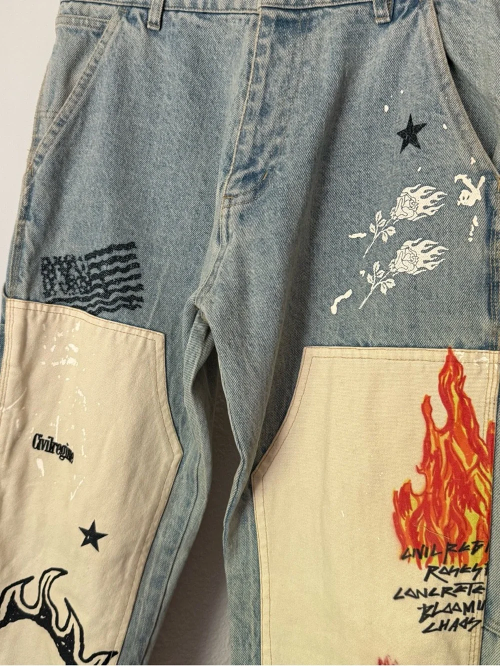 CIVIL REGIME men’s blue utility hand painted contrast rose slim straight jeans‎